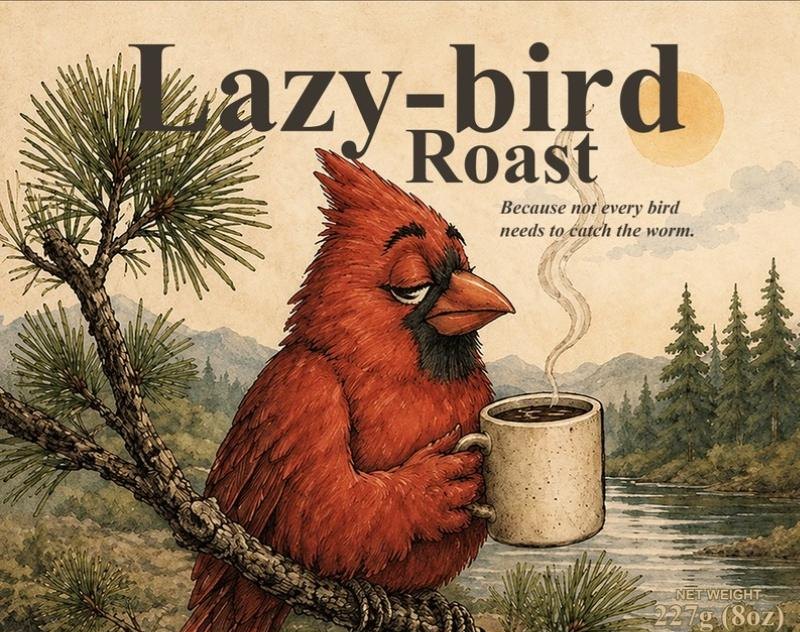 Lazy-bird Roast label: a sleepy cardinal on a pine branch holding a mug of coffee